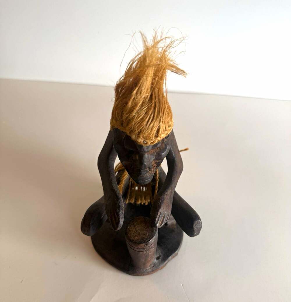 Carved Tribal Wood Drummer Figurine Sculpture w/ Fiber Hair & Beard